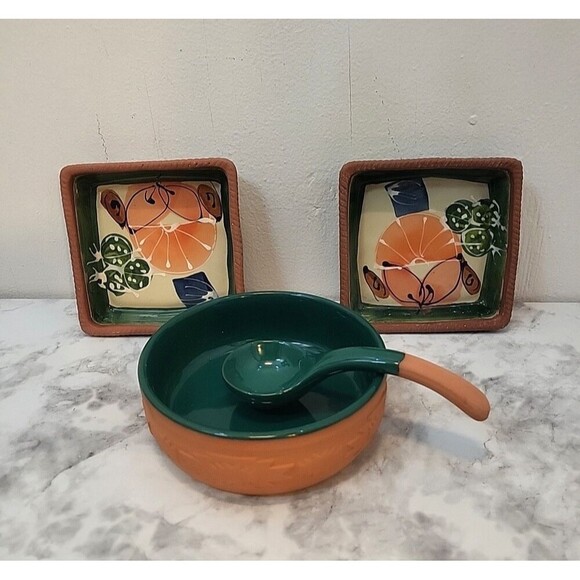 Ariba Terracotta Salsa Bowl with Spoon Pottery Ladle & San Remo Chips Dishes - Picture 1 of 13